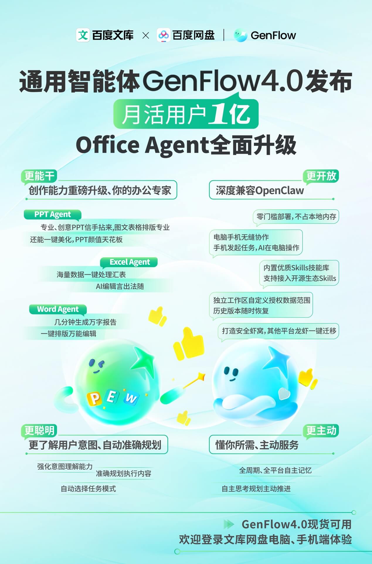 百度通用智能体GenFlow4.0月活用户超1亿，升级Office Agent成最强「办公专家」-黑板洞察